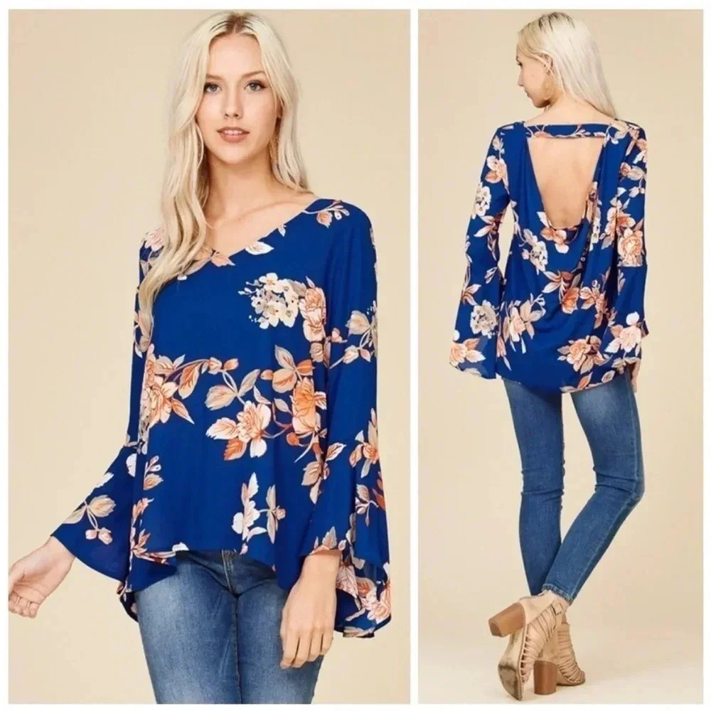 Navy Floral Bell Sleeve Top